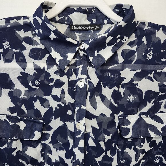 Madison Paige Women's XL Sheer Roll Tab Sleeve Top Navy White Office Travel - Picture 5 of 13